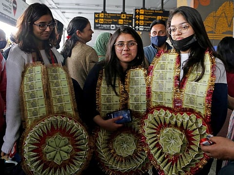 Indian students at IGI Terminal 3 Airport in New Delhi on Friday after being evacuated from Ukraine under Operation Ganga.