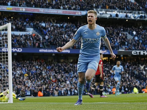 Manchester City's Kevin De Bruyne celebrates scoring their first goal against Manchester United at the Etihad Stadium, Manchester, Britain.