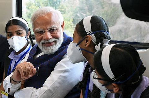 Prime Minister Narendra Modi travels in Pune Metro at the inauguration of the Pune Metro Rail Project, in Pune on Sunday.
