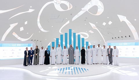 Mohammed Abdullah Al Gergawi with UAE ministers and officials during the World Government Summit Dialogue held at the Museum of the Future in Dubai on Monday.