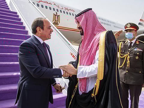 The Egyptian leader was welcomed at the King Khalid Airport in Riyadh by Saudi Crown Mohammed bin Salman, the Saudi news agency SPA reported.