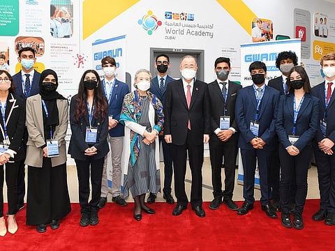 Ban Ki-Moon with students at the Model United Nations at GEMS World Academy – Dubai, which involved students from across Dubai in a three-day programme of wide-ranging debates