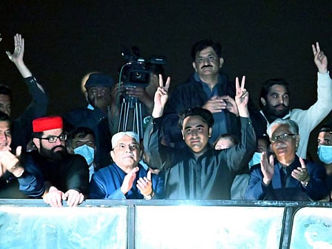 Pakistan Peoples' Party chairman Bilawal Bhutto Zardari leading an anti-government rally in Islamabad on March 8, 2022.