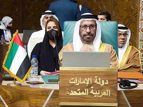 Khalifa Shaheen Al Marar, Minister of State, during the 157th ordinary session of the Arab League Council, which was held at the headquarters of the General Secretariat of the Arab League in Cairo at the foreign ministerial level.