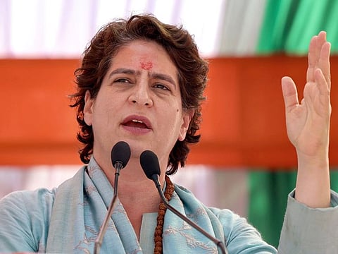 Congress General Secretary Priyanka Gandhi Vadra addresses a public rally for the seventh and last phase of Uttar Pradesh Assembly elections, at Phoolpur, in Pindra.