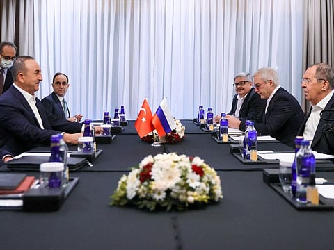 Turkish Foreign Minister Mevlut Cavusoglu meets with his Russian counterpart Sergei Lavrov in Antalya, Turkey, on March 10, 2022.