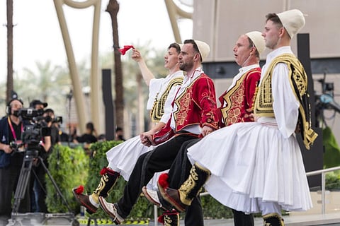 DUBAI, 09 March 2022. Cultural performance during the Albania National Day Ceremony at Al Wasl, Expo 2020 Dubai. (Photo by Anthony Fleyhan/Expo 2020 Dubai)
