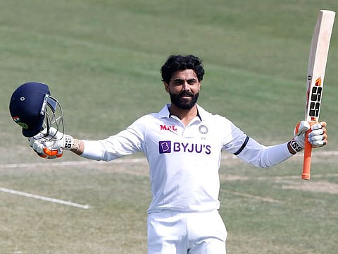 India's Ravindra Jadeja celebrates his century on the second day of the first Test against Sri Lanka at PCA Stadium in Mohali last Saturday.