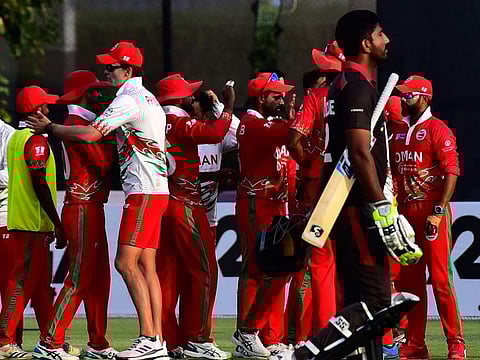 Oman players celebrate after defeating UAE in their previous clash at the ICC Academy on Thursday.