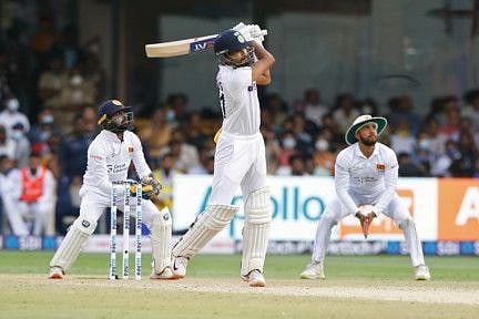 India's Shreyas Iyer plays a shot on the 1st day of the second Test match between India and Sri Lanka, at M.Chinnaswamy Stadium, in Bengaluru.