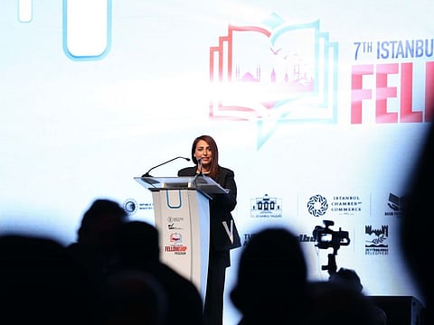 Bodour Al Qasimi, President of the International Publishers Association (IPA), addressing a meeting of publishers in Turkey.