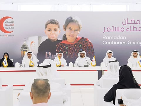 Emirates Red Crescent officials and others during a press conference at UAE Pavilion at Expo 2020 Dubai announcing the Ramadan projects