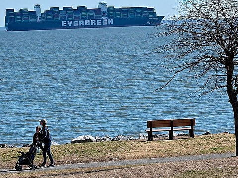The container ship Ever Forward, which ran aground in the Chesapeake Bay off the coast near Pasadena.