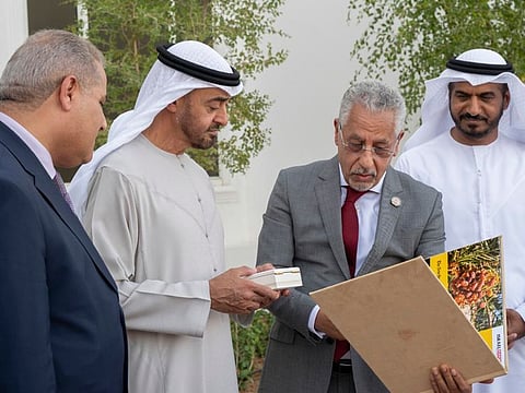 Sheikh Mohamed receives the Board of Trustees of the Khalifa International Award for Date Palm and Agricultural Innovation and a delegation representing the 7th International Conference on Date Palm, headed by Dr. Abdul Wahab Zayed, the Agriculture Consultant at the Ministry of Presidential Affairs and Award’s Secretary General.