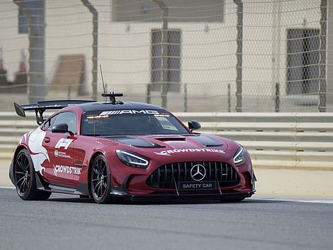 The new Mercedes-AMG GT safety car at the Bahrain International Circuit in the city of Sakhir