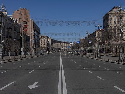 An empty street during a 35-hour curfew in Kyiv, on March 16, 2022.