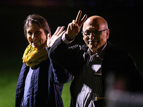 Nazanin Zaghari-Ratcliffe (L) and Anoosheh Ashoori, who were freed from Iran, gesture after landing at RAF Brize Norton on March 17, 2022 in Brize Norton, England.