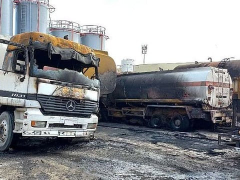 Ten diesel trucks and trailers belonging to two fuel companies in Al Jurf Industrial Area 2 were damaged in the blaze.