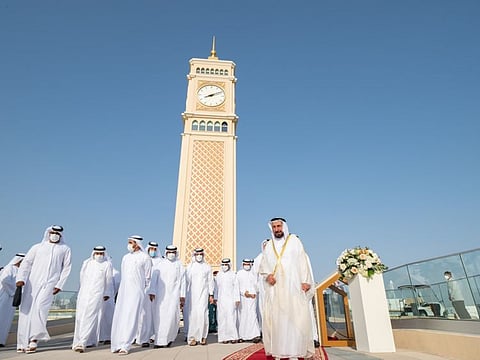 Dr Sheikh Sultan Bin Muhammad Al Qasimi, Supreme Council Member and Ruler of Sharjah, at the inauguration of the Clock Tower Square in Kalba on Thursday
