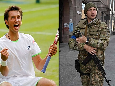 Left: Sergiy Stakhovsky of Ukraine reacts as he wins against Roger Federer of Switzerland in their men's second round singles match at the All England Lawn Tennis Championships in Wimbledon, on June 26, 2013, and on right Stakhovsky walks at Independence Square in Kyiv.
