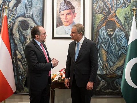 Austrian Foreign Minister Alexander Schallenberg and Pakistani Foreign Minister Shah Mehmood Qureshi meet in Islamabad on March 17, 2022.