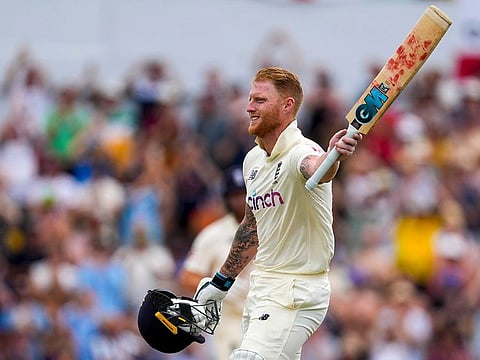 England allrounder Ben Stokes celebrates his century on the second day of their second Test at Kensington Oval.
