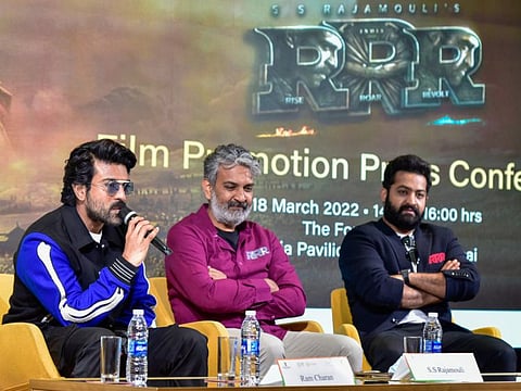 Ram Charan, director SS Rajamouli, and Jr NTR at India Pavilion at Expo 2020 Dubai.