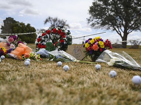 A memorial erected in honor of the University of the Southwest golf teams car wreck is seen Thursday, March 17, 2022 at the Rockwind Community Links in Hobbs, N.M.