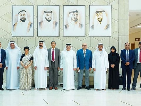 Top UAE judges and judicial administrators with members of the Indian judicial delegation at the Federal Supreme Court’s premises in Abu Dhabi.