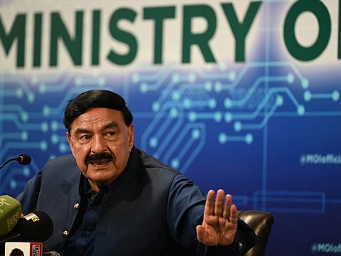 Pakistan's Interior Minister Sheikh Rashid Ahmad speaks during a press conference in Islamabad on March 18, 2022.
