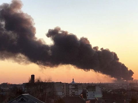 A cloud of smoke raises after an explosion in Lviv, western Ukraine (File)