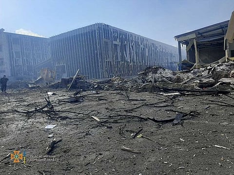 Buildings damaged by shelling in Kramatorsk, Ukraine, in this handout picture released March 19, 2022 as Russia's attack on Ukraine continues.