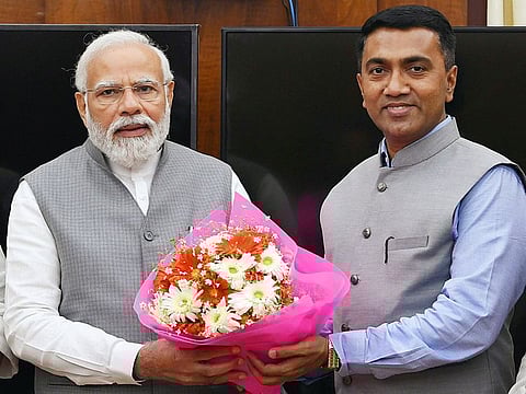 Goa caretaker Chief Minister Pramod Sawant meets Prime Minister Narendra Modi, in New Delhi on Wednesday.