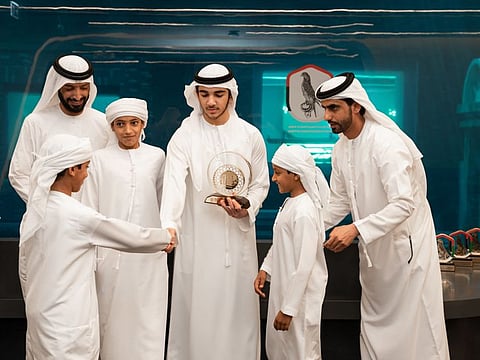 Sheikh Mohammed Bin Rashid Bin Mohammed Bin Rashid Al Maktoum (third from right) honours the top three winners of Expo 2020 Dubai’s Shield for National Falcon Breeding on Monday
