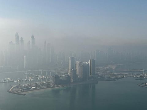 Morning fog from the view Palm Jumeirah.