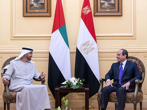 Sheikh Mohamed bin Zayed Al Nahyan (L) and President of Egypt Abdel Fattah El-Sisi in Sharm El Sheikh