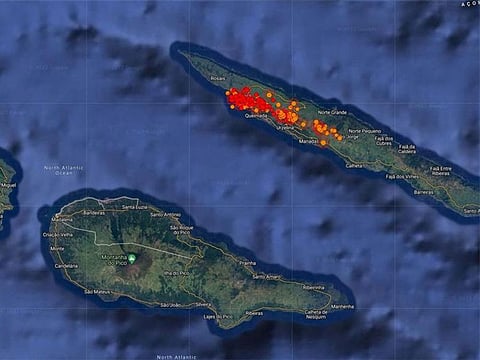 Satellite map shows seismic activity at Sao Jorge island after around 1,100 small earthquakes have rattled one of Portugal's mid-Atlantic volcanic islands in less than 48 hours in Azores islands, Portugal on March 21, 2022.