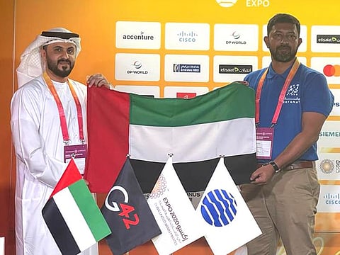 Abhilash Tomy (R) and Hasan Al Hosani, CEO of Bayanat at Expo 2020 Dubai on Tuesday
