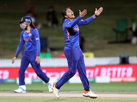 India’s Sneh Rana celebrates the wicket of Bangladesh Fahima Khatun (not in frame) during their 2022 Women's Cricket World Cup match at Seddon Park in Hamilton on Tuesday.