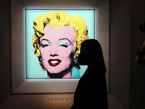 Andy Warhol's "Shot Sage Blue Marilyn", a painting of Marilyn Monroe, is pictured on display at Christie's Auction House in advance of the piece going up for auction in the Manhattan borough of New York City, New York, U.S., March 21, 2022.