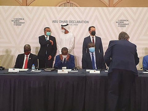 Ministers sign Abu Dhabi Declaration for the Eradication of Guinea Worm Disease in the presence of Sheikh Shakhbout Nahyan Al Nahyan, UAE Minister of State, Jason Carter, and Dr Tedros Ghebreyesus, director general at the World Health Organisation. The signing was held at the Qasr Al Watan in Abu Dhabi on Tuesday