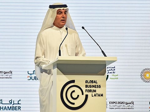 Abdul Aziz Al Ghurair, Chairman of Dubai Chamber. delivers the welcoming address at the Global Business Forum Latam in Dubai.