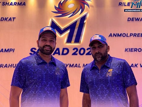 Mumbai Indians captain Rohit Sharma (left) and head coach Mahela Jayawardene ahead of their pre-season virtual press conference on Wednesday.