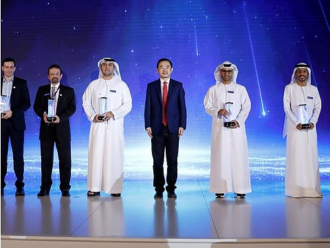 Some of the members of the UAE National Challenge winning team during the graduation ceremony at MBZUAI's at the university’s Masdar City campus in Abu Dhabi on Tuesday.