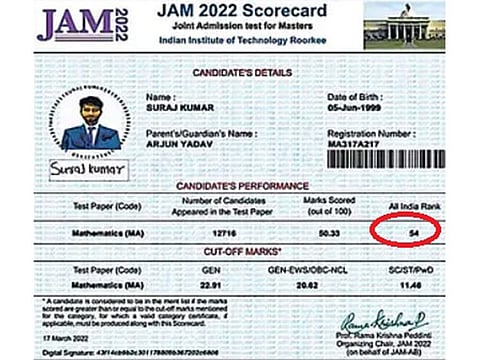 Suraj Kumar's picture in the IIT test rank card.