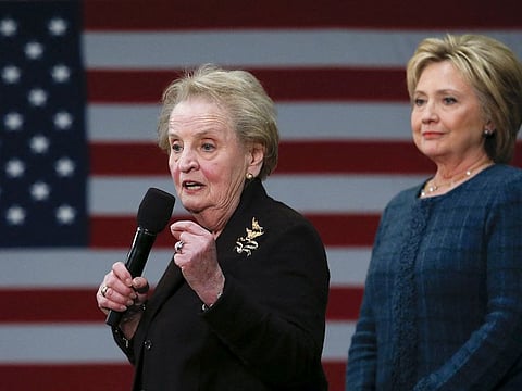 Former U.S. Secretary of State Madeleine Albright (L) introduces Democratic U.S. presidential candidate Hillary Clinton during a campaign stop at Rundlett Middle School in Concord, New Hampshire February 6, 2016.