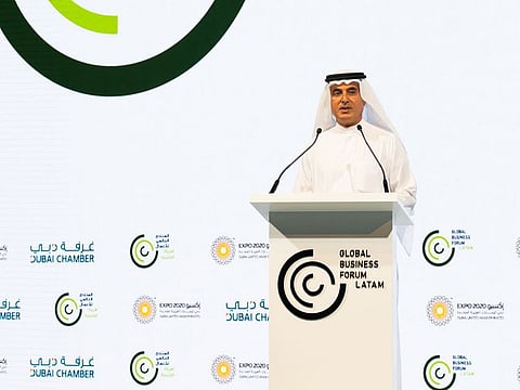 Abdul Aziz Al Ghurair, Chairman of Dubai Chambers addresses delegates at the Global Business Forum Latin America (GBF LATAM) 2022 on 23 March