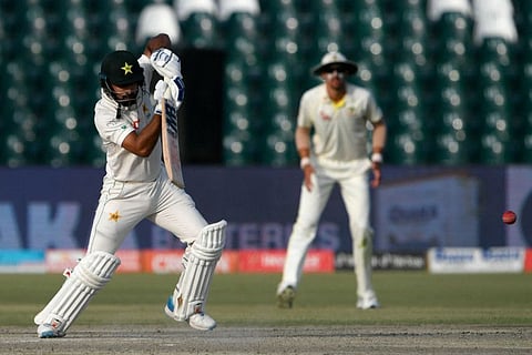 Pakistan's Abdullah Shafique plays a shot during the fourth day of the third and final Test against Australia at the Gaddafi Cricket Stadium in Lahore.