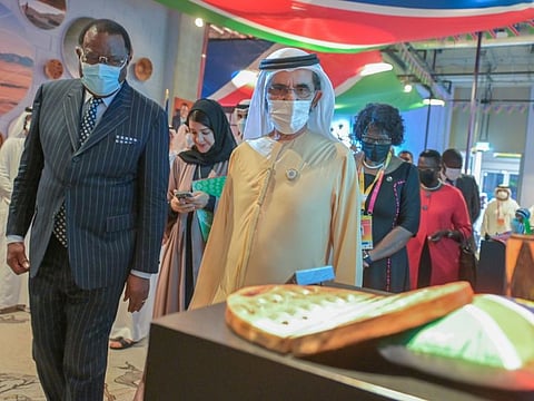 His Highness Sheikh Mohammed bin Rashid Al Maktoum, Vice-President and Prime Minister of the UAE and Ruler of Dubai, today met Hage Geingob, President of Namibia, and Dr Mohamed Irfaan Ali, President of Guyana, at Expo 2020 Dubai.