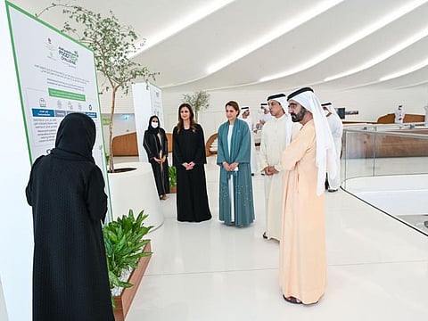 Mohammed Bin Rashid, Sheikh Mansour and Mariam Almheiri at the launching of the Global FoodTech Challenge at EXPO 2020 Dubai on Friday..